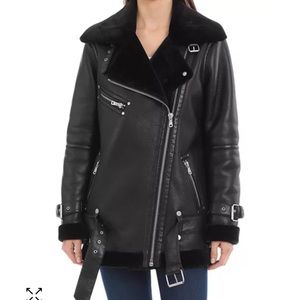 AVEC LES FILLES BLACK DISTRESSED MOTO FUR LINED JACKET EUC MED